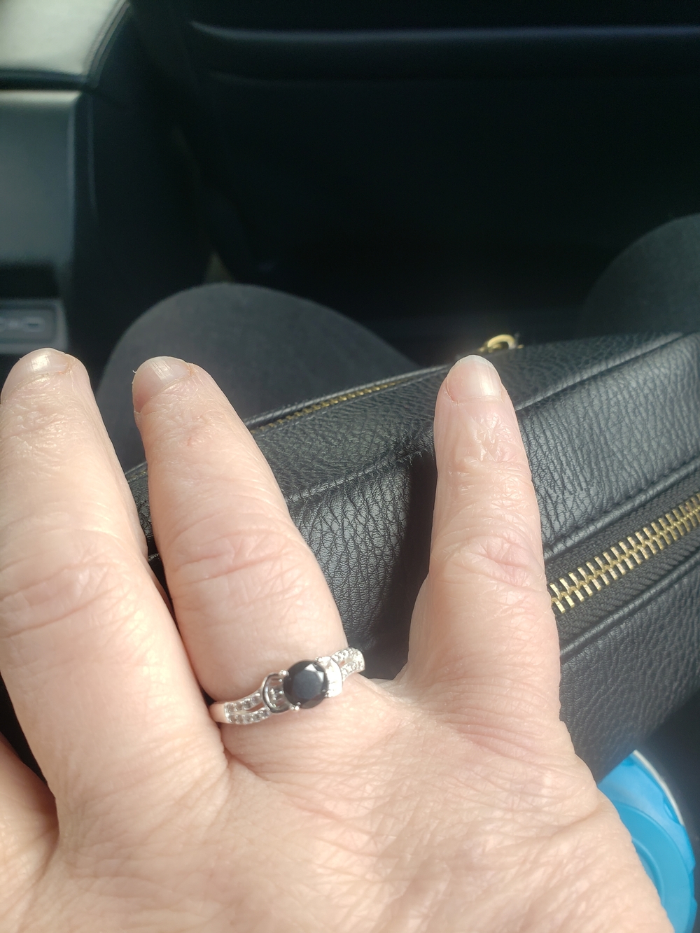 Sterling Silver Black Stone Ring with Pavé Accents